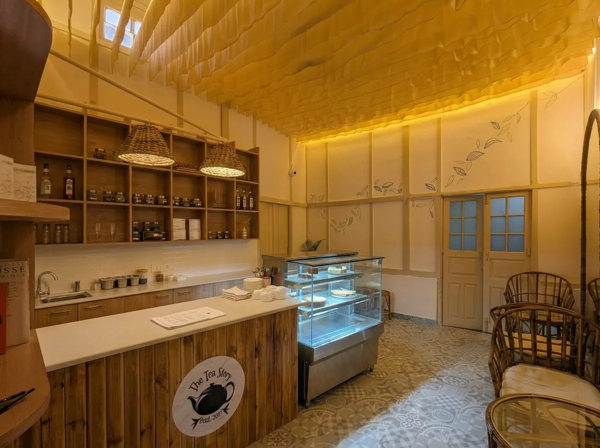 The Tea Story's tea bar and pastry counter, with woven rattan pendant lights over open display shelving